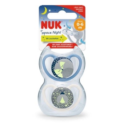 Chupete Nuk Space lumin.0-6 m. Azul/Bco x2