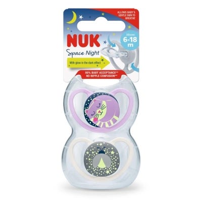 Chupete Nuk Space lumin.6-18 m. Violeta/Bco x2