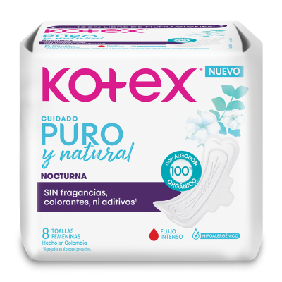 Toallas Femeninas Kotex Puro y Natural Nocturno x8