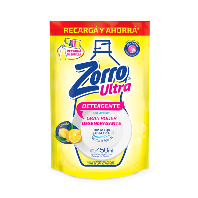 Detergente Zorro Doy pack limon c/glic x450ml