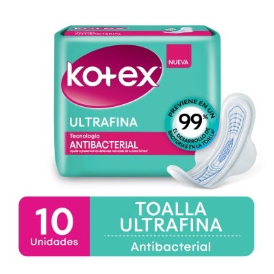 Toallas Femeninas Kotex Antibacterial Ultrafina con Alas x10un