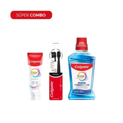 Combo Colgate Total Pasta Dental Clean Mint + Enjuague Bucal + Cepillo de Dientes Total Whitening Suave