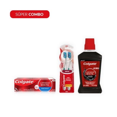 Combo Colgate Luminous Pasta Dental White Inst. + Enjuague Bucal White Carbón + Cepillo De Dientes 360º
