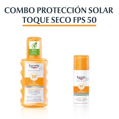 Combo Eucerin Sensitive Protect Protector solar en spray transparente FPS 50+ 200 ml + Protector solar Oil Control Sun Gel Toque Seco FPS 50+ para piel grasa 50 ml