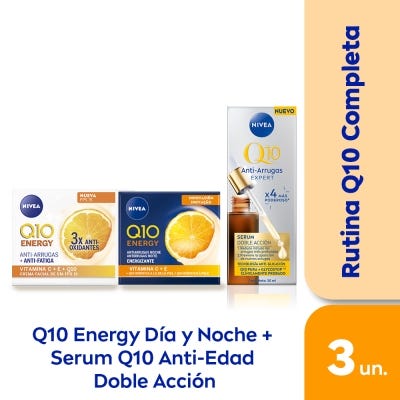 Combo NIVEA Q10 Sérum Facial Doble Acción Antiarrugas Expert x 30 ml + Crema facial FPS 15 + Crema facial de noche x 50 ml