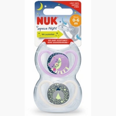 Chupete Nuk Space lumin.0-6 m. Violeta/Bco x2