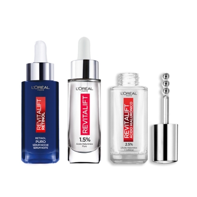 Kit Tratamiento Completo Triple Serum L'Oreal Paris: Serum Retinol, Serum Acido Hialurónico y Serum Ojos