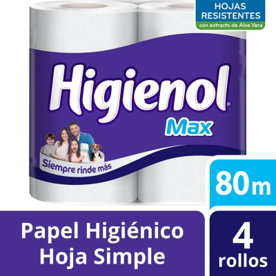 Papel Higienico Higienol Hoja Simple Max Panal  80mt x4 Unidades