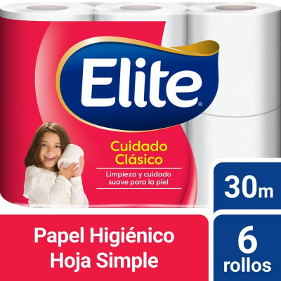 Papel Higienico Elite Hoja Simple Algodon 30M X6U