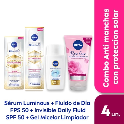 Combo NIVEA Protector solar facial Invisible + Fluido Luminous630 FPS50 + Gel limpiador + Serum Anti-manchas