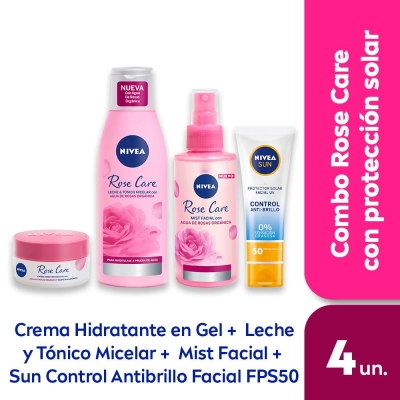 Combo NIVEA Rose Care Mist facial + Gel facial hidratante + Leche y tónico 2en1 + Protector solar facial FPS50